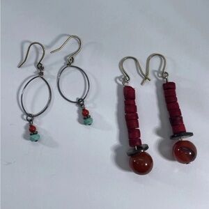 Lot 2 Pair Heishi Earrings Turquoise Dainty Hoops & Carnelian Sterling Silver
